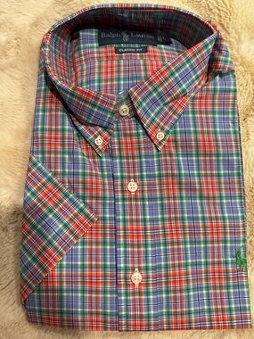 New Large  Ralph Lauren Multicolor Plaid Button-Down Shirt Short Sleeve